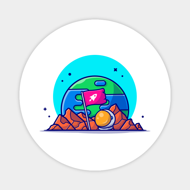 Standing Flag on Planet with Astronaut Helmet Space Cartoon Vector Icon Illustration Magnet by Catalyst Labs